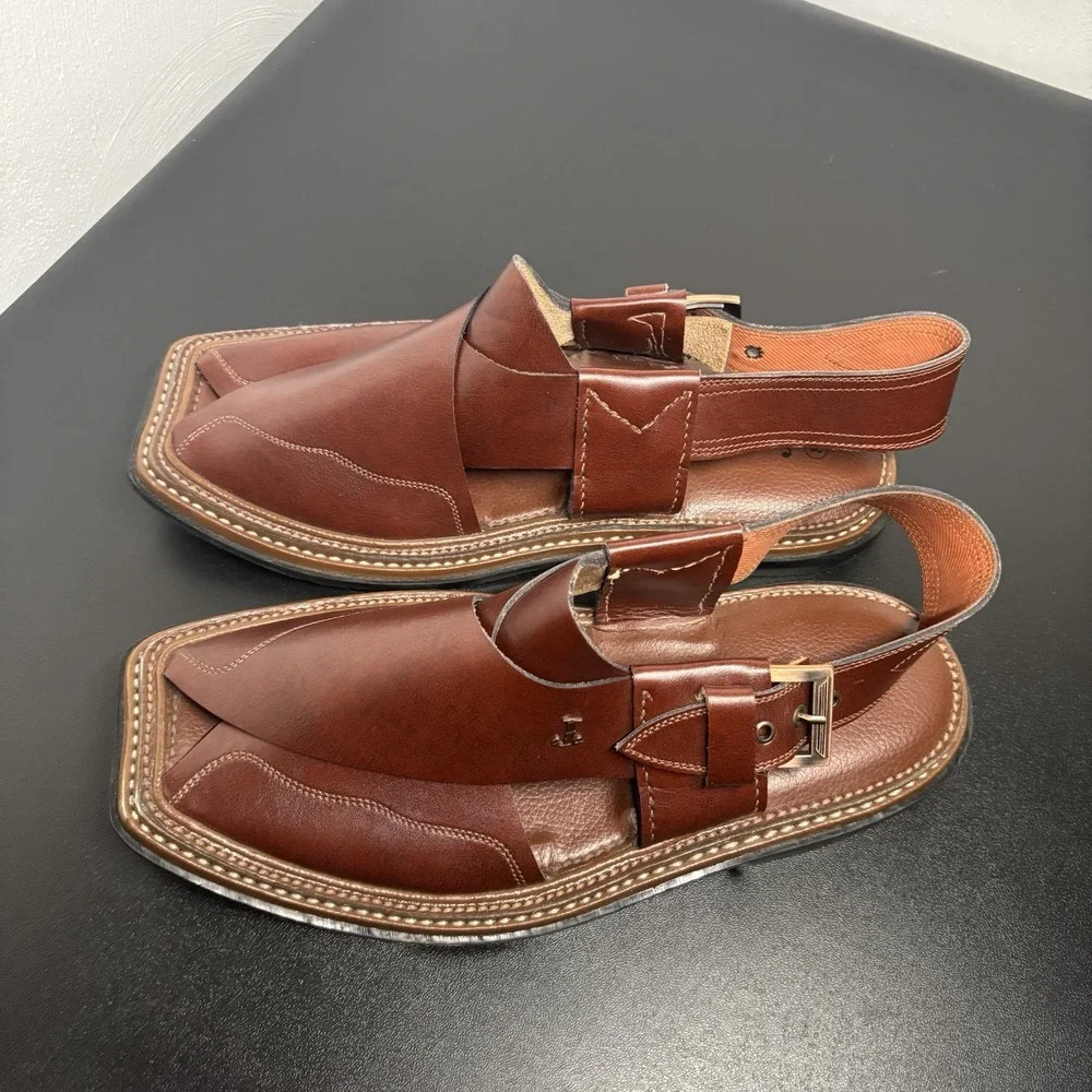 J. Handmade Peshawari Leather Chappal BROWN Eid Mens Pakistani Elite Sandal Sz 8